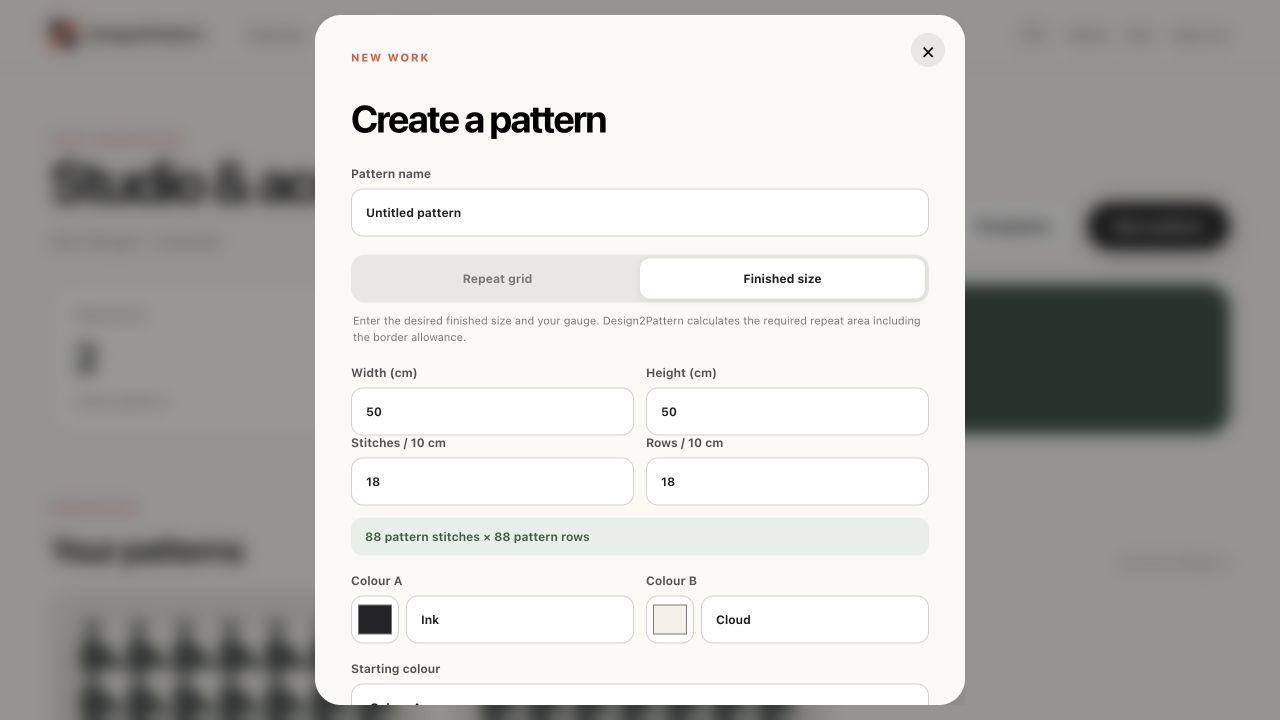 Current Design2Pattern screen: Create a pattern