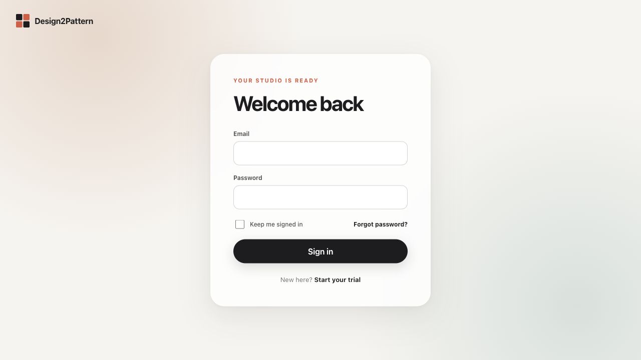 Current Design2Pattern screen: Getting started