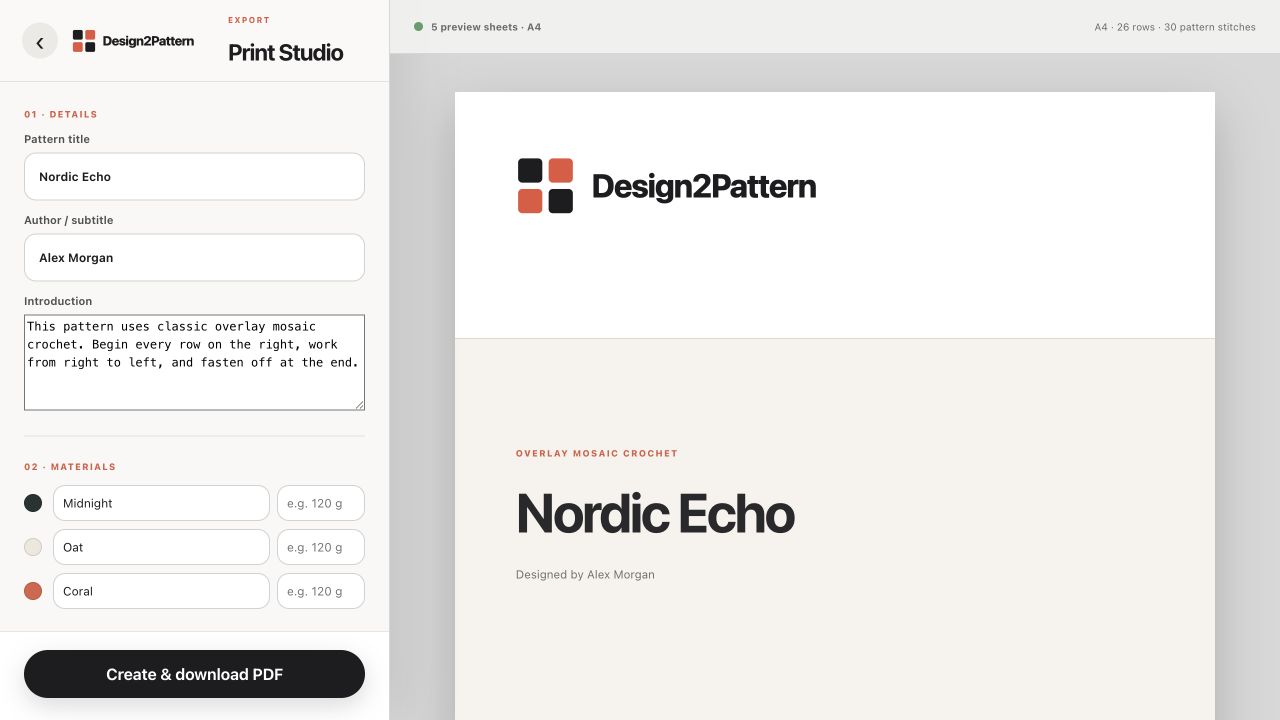 Current Design2Pattern screen: Print Studio & PDFs